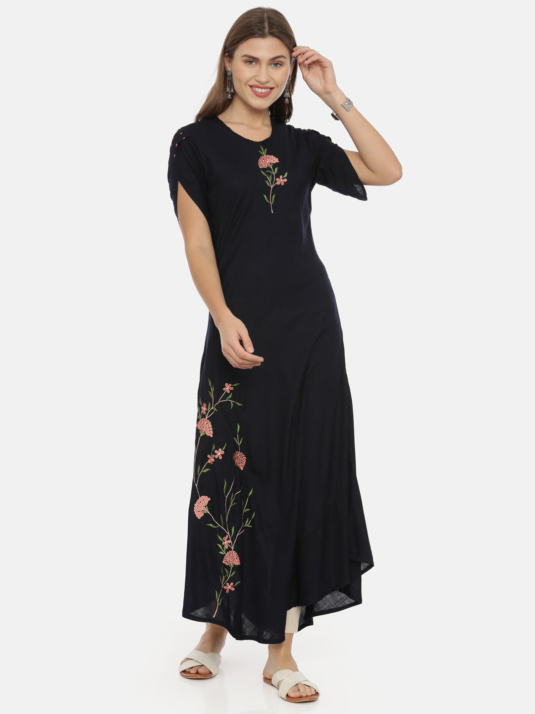 Neerus Pink slub cotton straight tunic dress - detail view 3