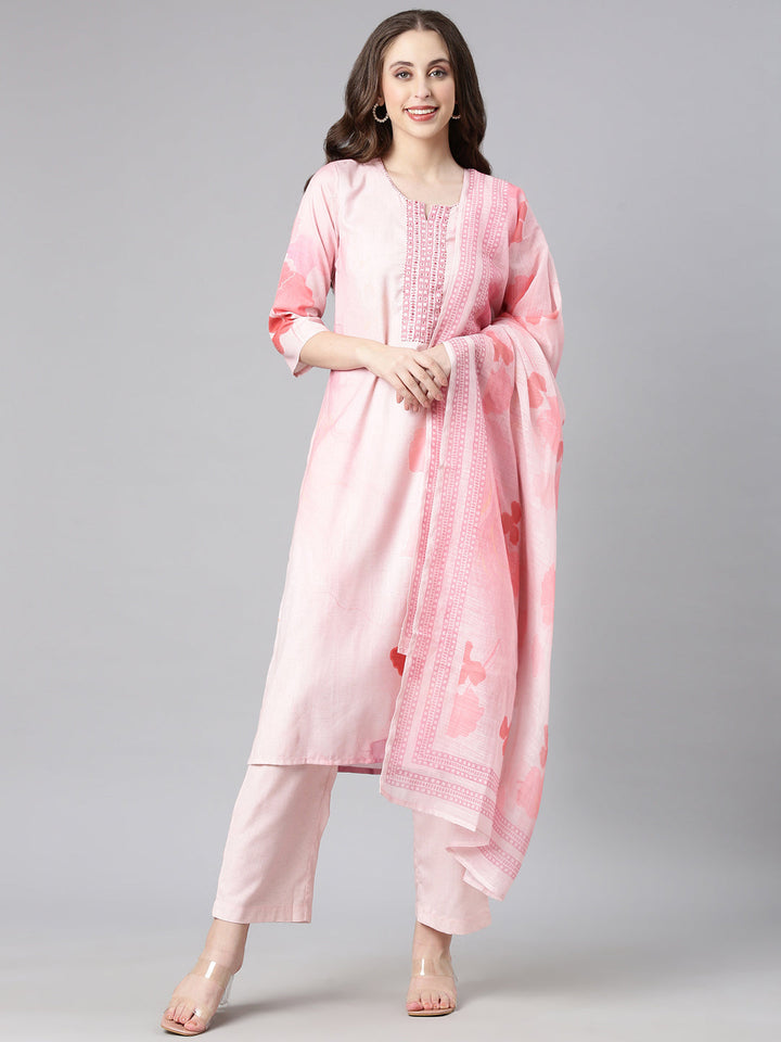 Neerus Baby pink Printed Straight Kurta and Trousers With Dupatta
