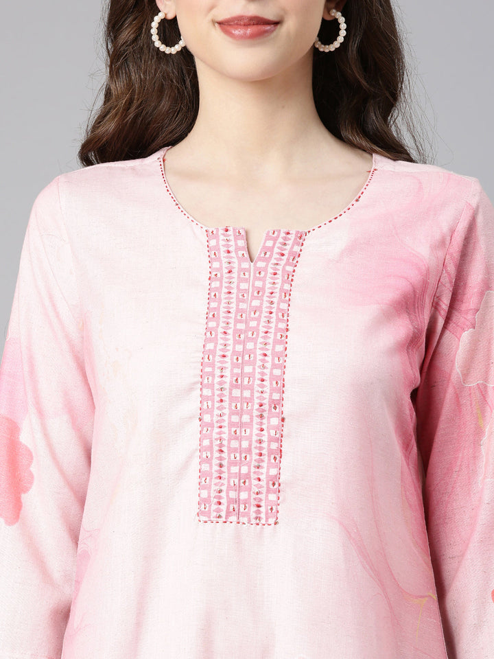 Neerus Baby pink Printed Straight Kurta and Trousers With Dupatta