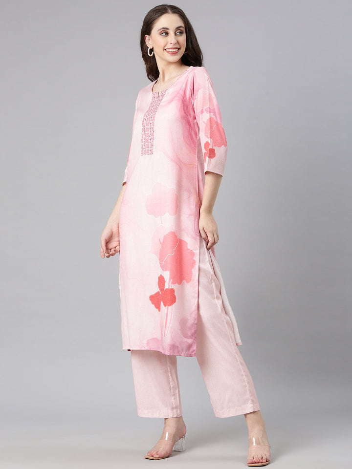 Neerus Baby pink Printed Straight Kurta and Trousers With Dupatta