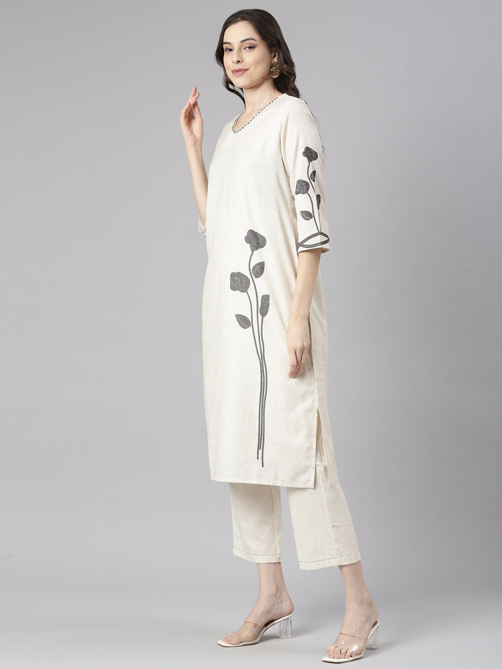 Neerus Off White Solid Straight Kurta and Trousers With Dupatta