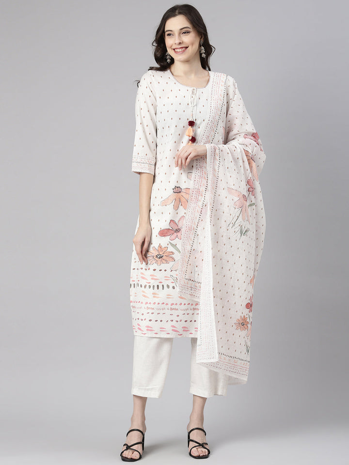 Neerus Off White Printed Straight Kurta and Trousers With Dupatta