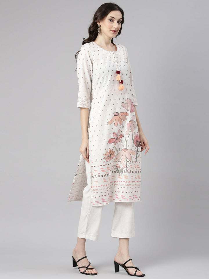 Neerus Off White Printed Straight Kurta and Trousers With Dupatta