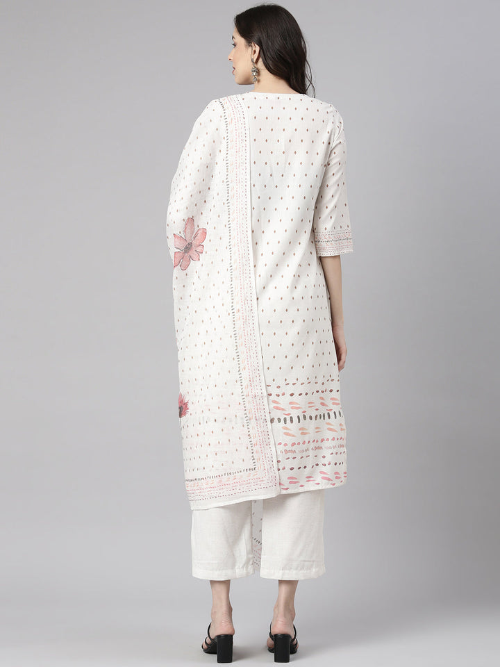 Neerus Off White Printed Straight Kurta and Trousers With Dupatta