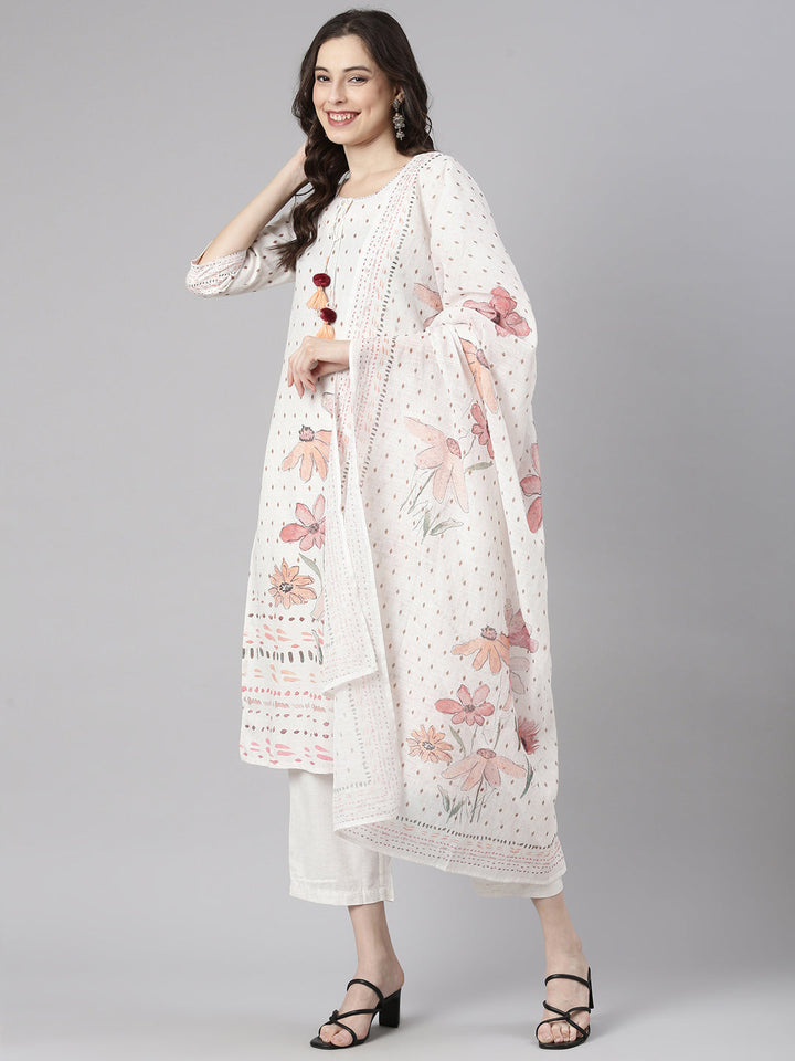 Neerus Off White Printed Straight Kurta and Trousers With Dupatta