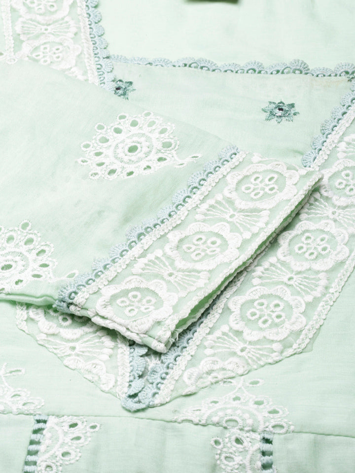 Neerus Green Panelled Scalloped Kurta and Trousers With Dupatta