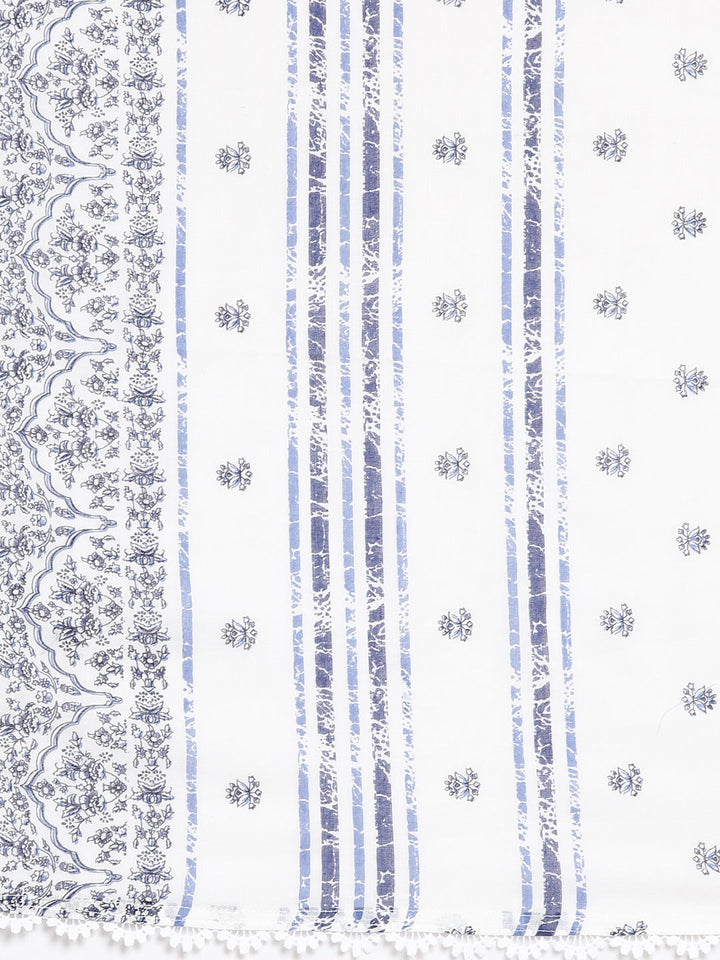 Neerus Blue Pleated Curved Printed Kurta and Trousers With Dupatta