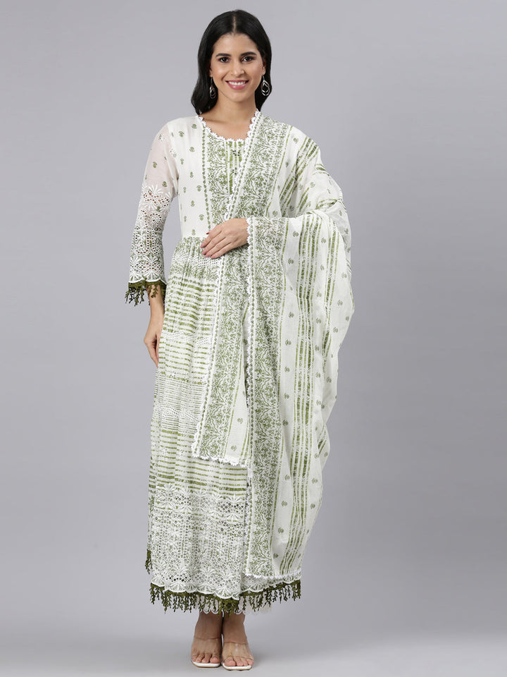 Neerus Green Pleated Curved Printed Kurta and Trousers With Dupatta
