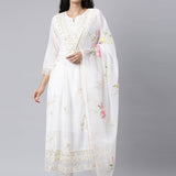 Neerus White Regular Anarkali Kurta and Trousers With Dupatta