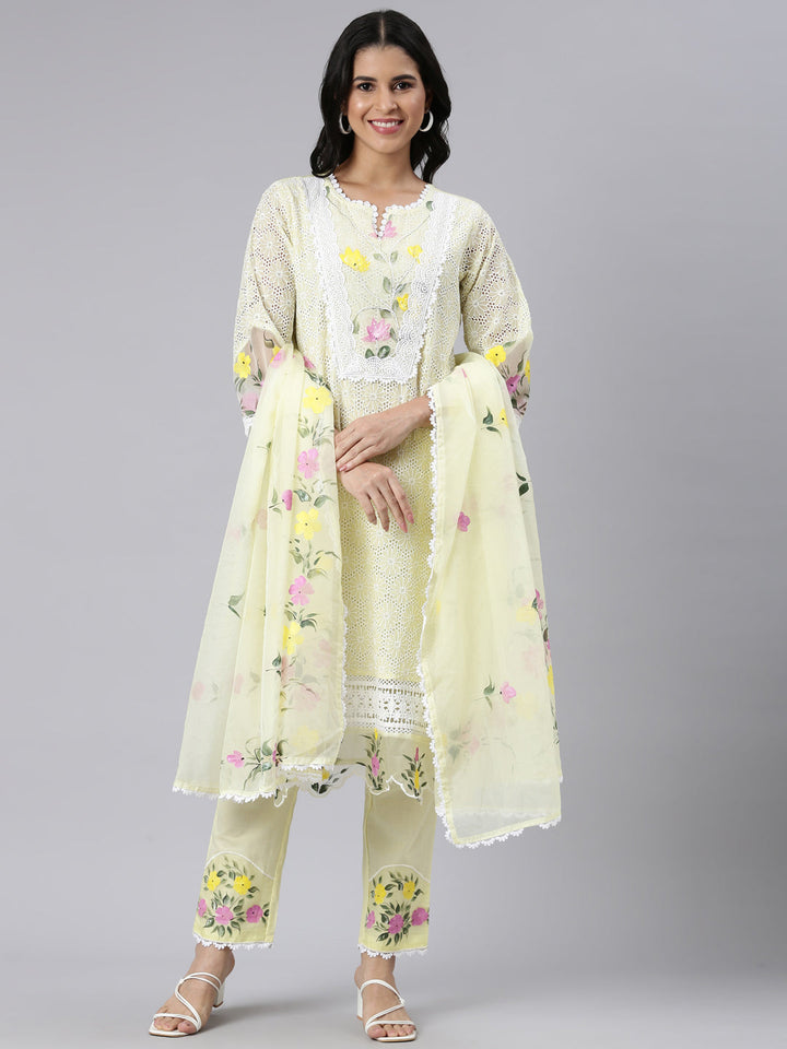 Neerus Yellow solid straight suit set with dupatta - front view