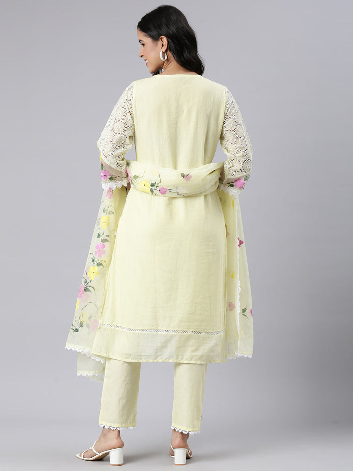 Neerus Yellow solid straight suit set with dupatta - side view