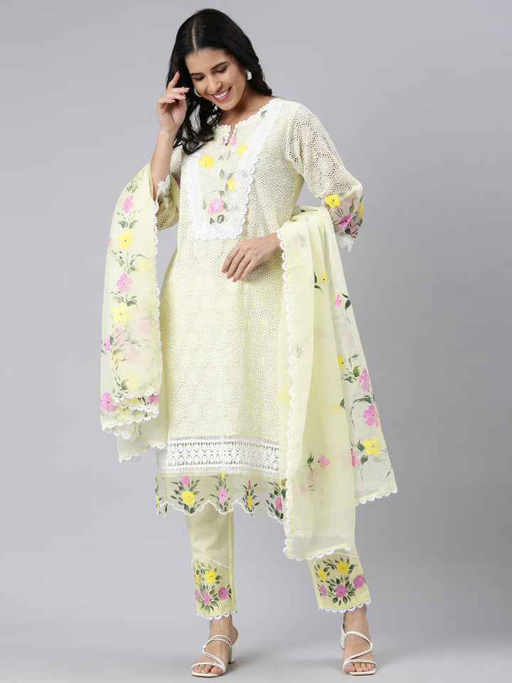 Neerus Yellow solid straight suit set with dupatta - detail view 2