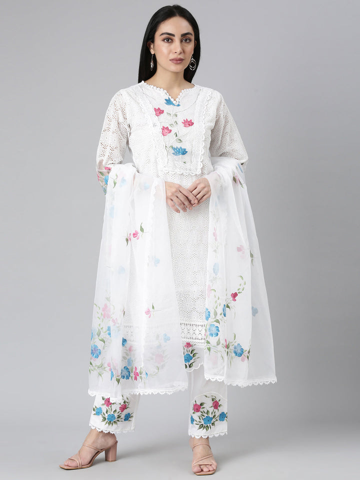 Neerus White Chikankari Suit Set - front view