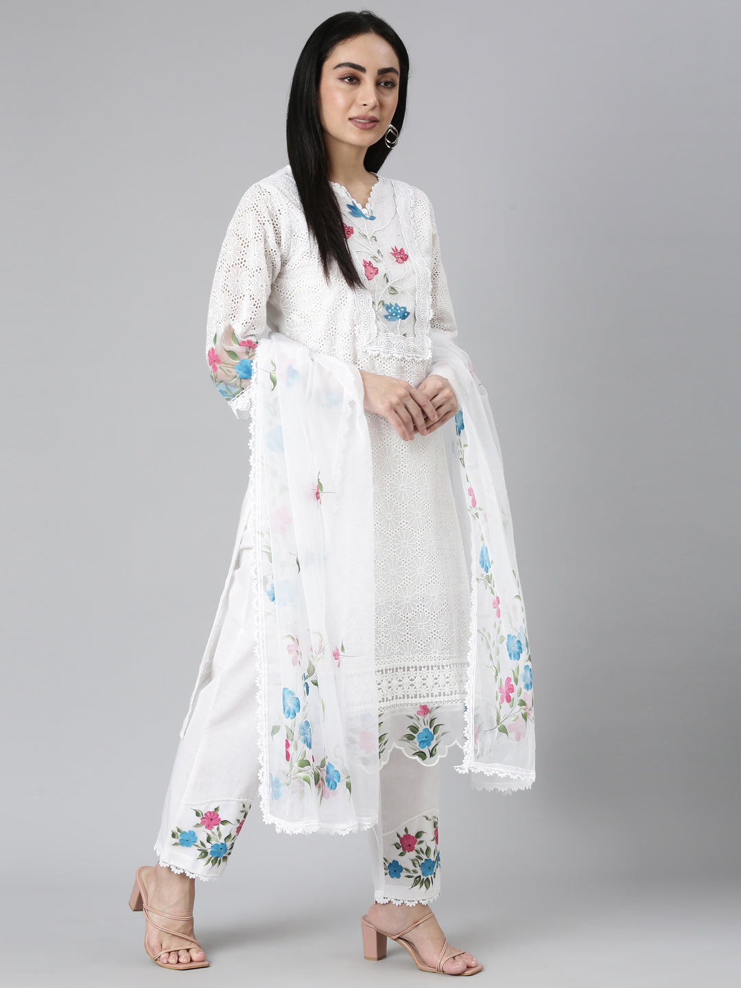 Neerus White Chikankari Suit Set - detail view 2