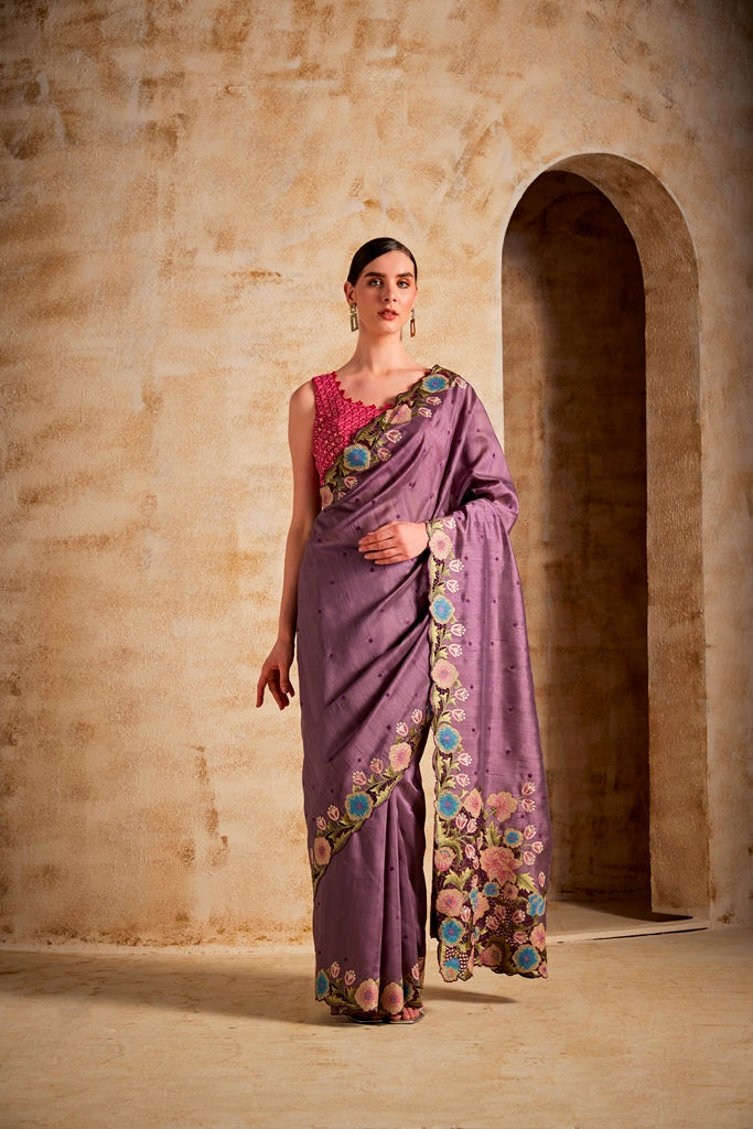 Neerus Purple silk woven saree - front view