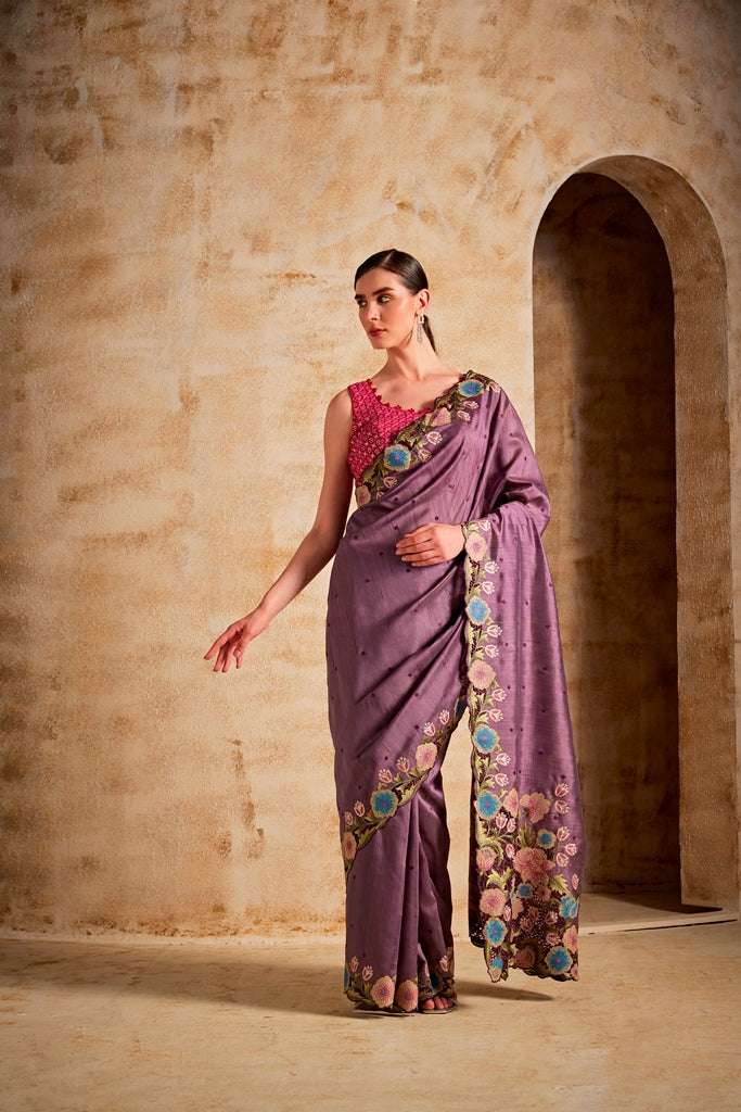 Neerus Purple silk woven saree - back view