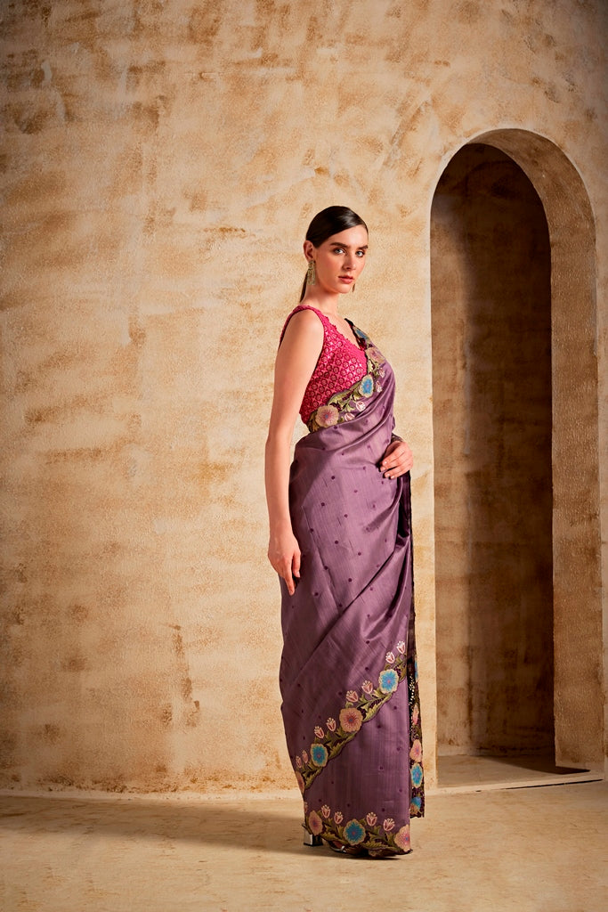 Neerus Purple silk woven saree - side view
