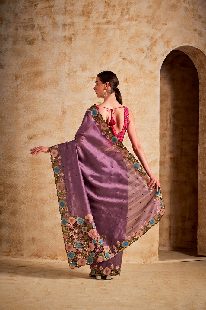 Neerus Purple silk woven saree - detail view 1
