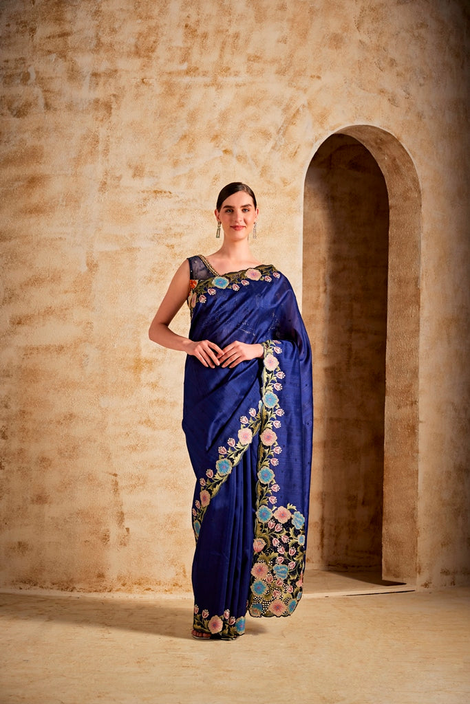 Neerus Blue silk woven saree - front view