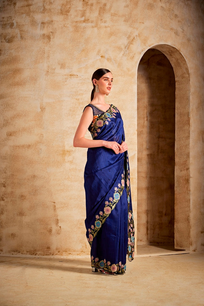 Neerus Blue silk woven saree - back view