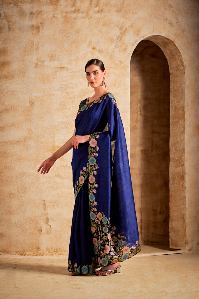 Neerus Blue silk woven saree - side view