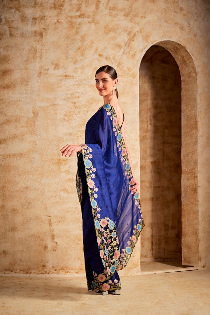 Neerus Blue silk woven saree - detail view 1