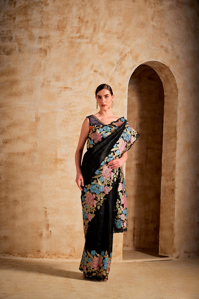 Neerus Black raw silk woven saree - front view