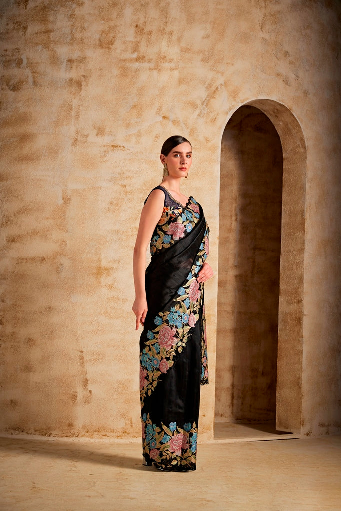Neerus Black raw silk woven saree - back view