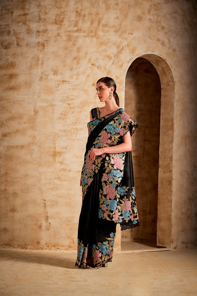 Neerus Black raw silk woven saree - side view