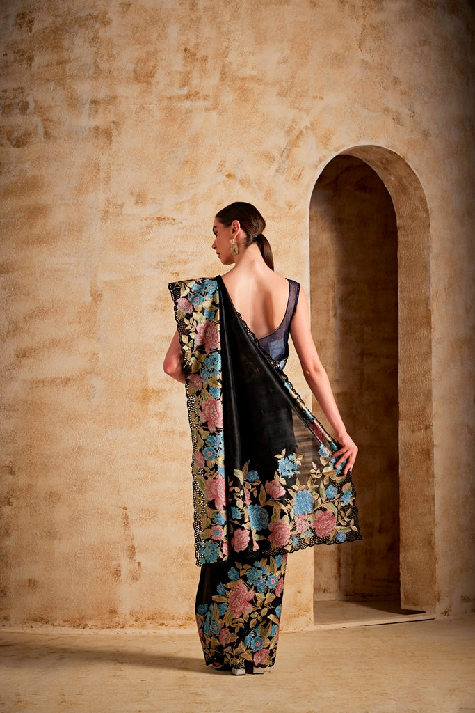 Neerus Black raw silk woven saree - detail view 1