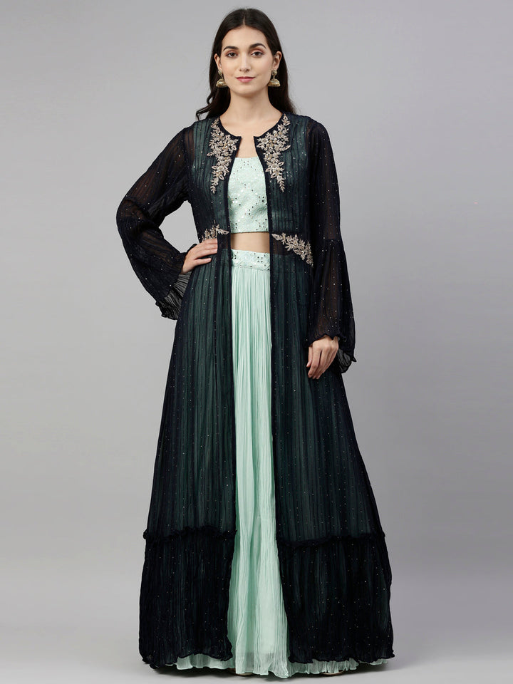 Neerus Green georgette straight co-ord suit set - front view