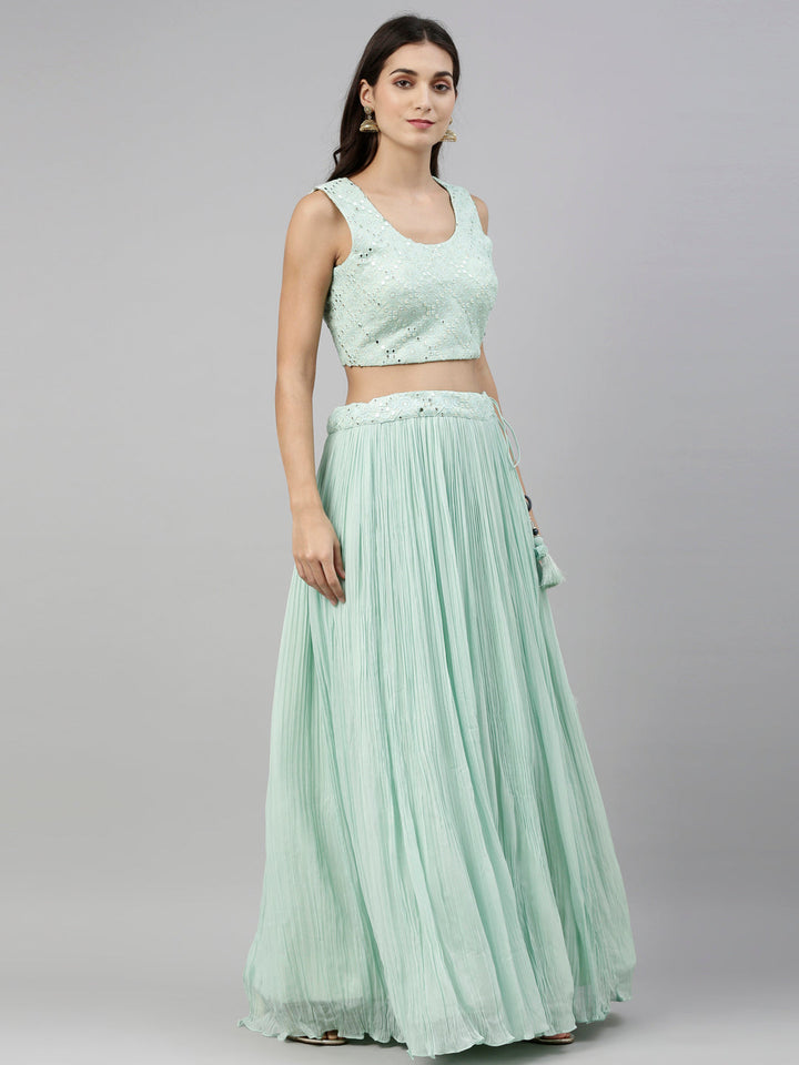 Neerus Green georgette straight co-ord suit set - detail view 3