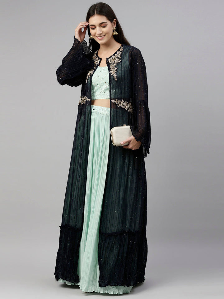 Neerus Green georgette straight co-ord suit set - detail view 5