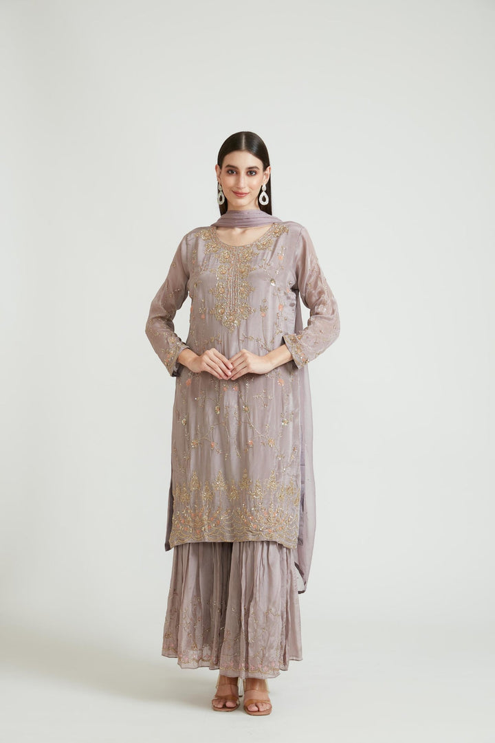 Neerus Pink crepe embroidered gharara suit set - front view