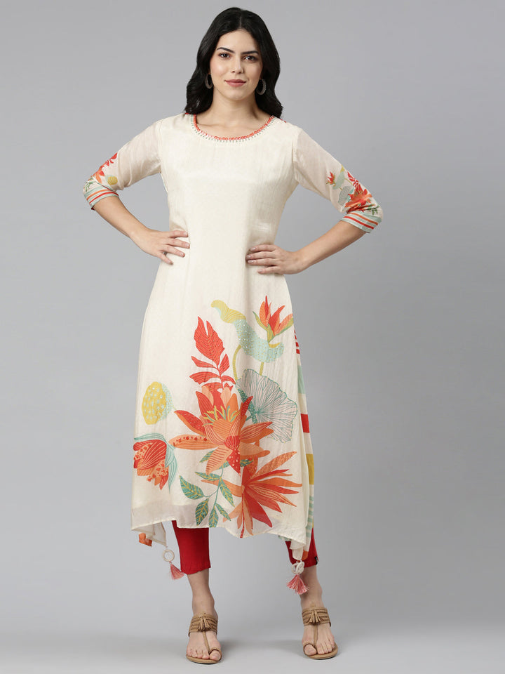 Neerus Beige printed A-Line kurti - front view