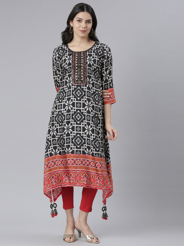 Neerus Black rayon high-low kurti - front view