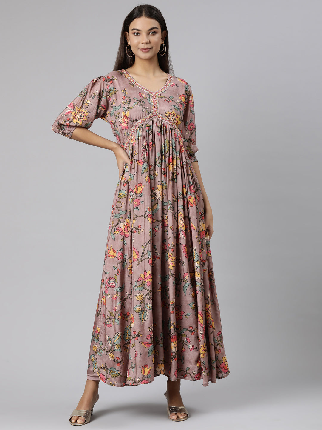 Neerus Pink floral printed flared dress - front view