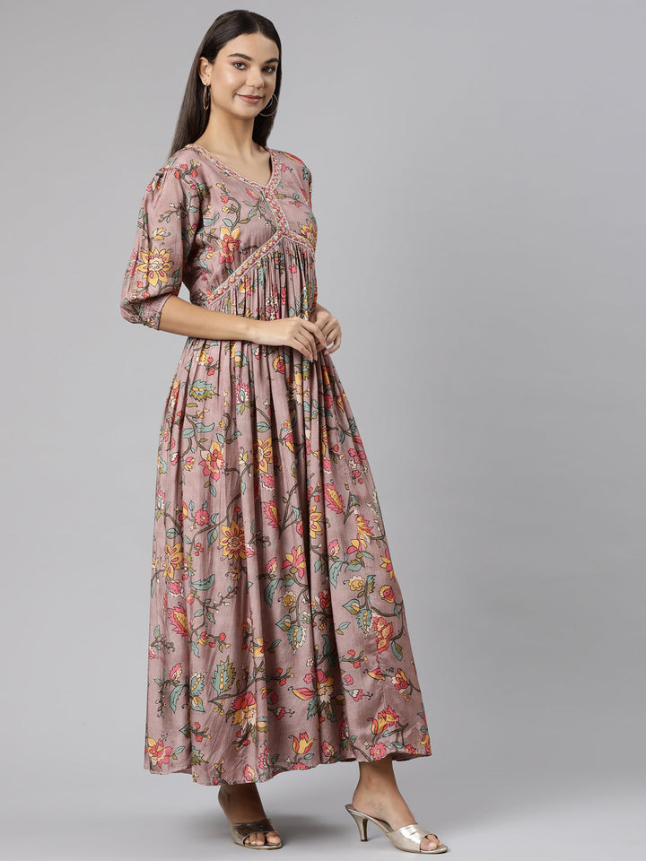 Neerus Pink floral printed flared dress - back view