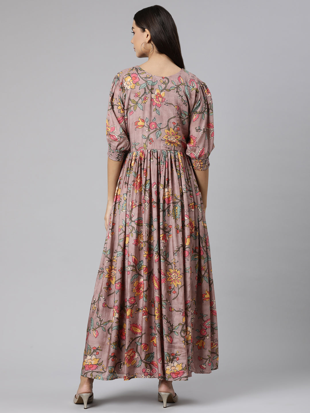 Neerus Pink floral printed flared dress - side view
