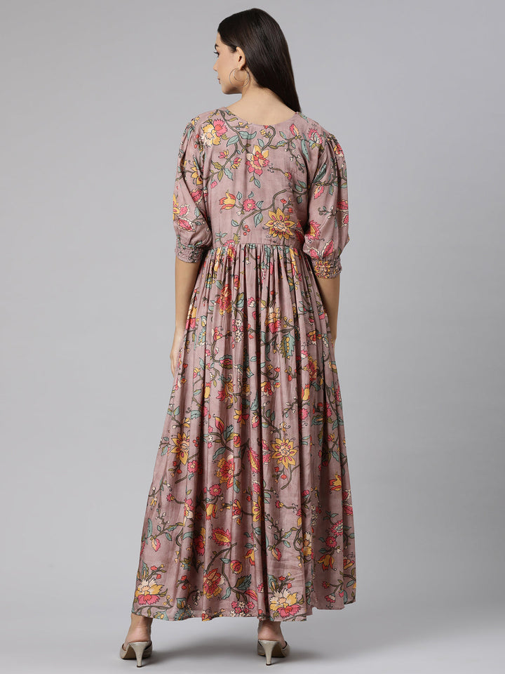 Neerus Pink floral printed flared dress - side view