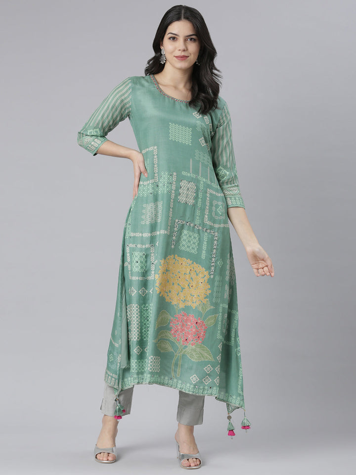 Neerus Green rayon printed high-low kurti - detail view 1