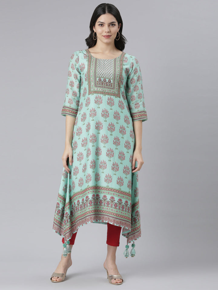 Neerus Green muslin printed high-low kurti - front view