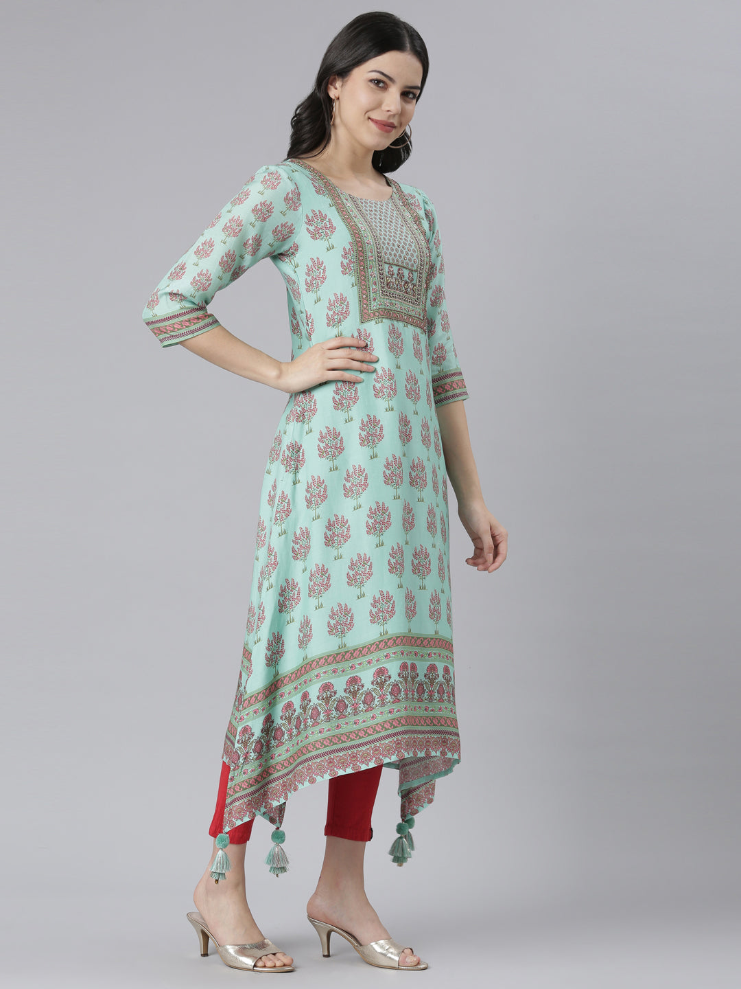 Neerus Green muslin printed high-low kurti - back view