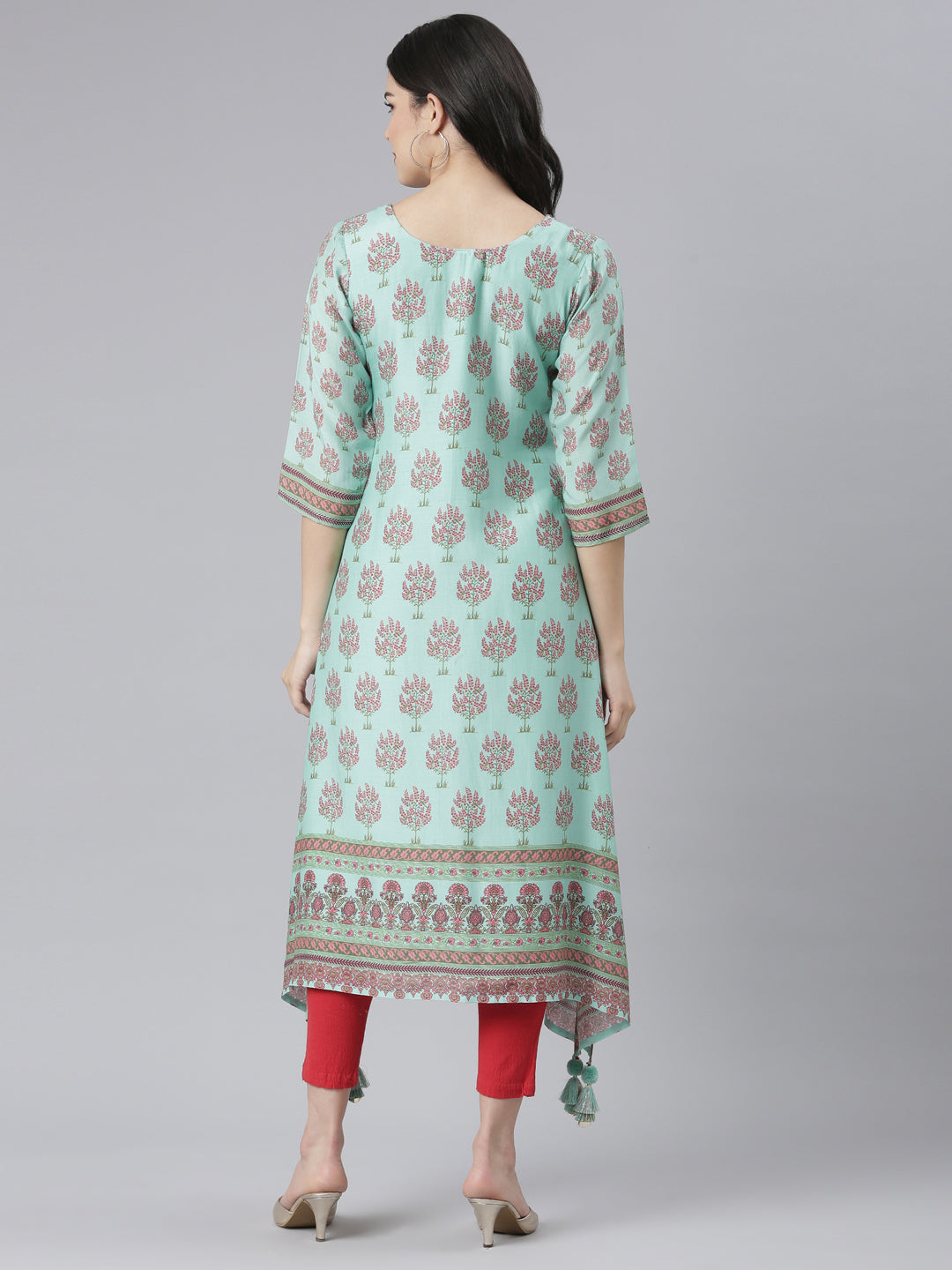 Neerus Green muslin printed high-low kurti - side view