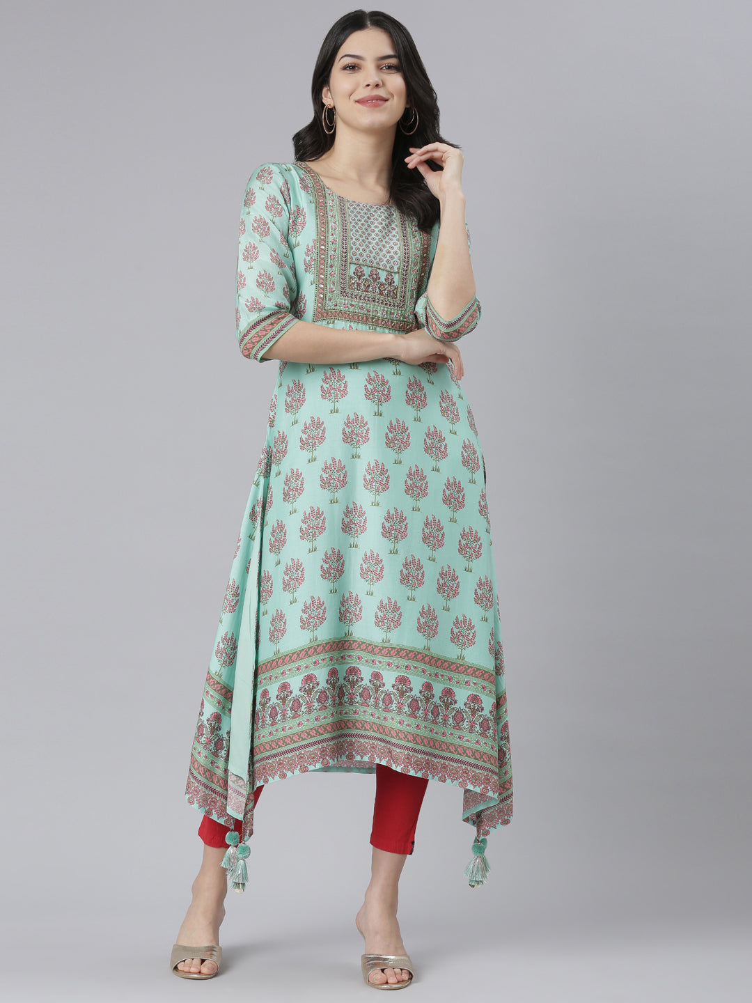 Neerus Green muslin printed high-low kurti - detail view 3
