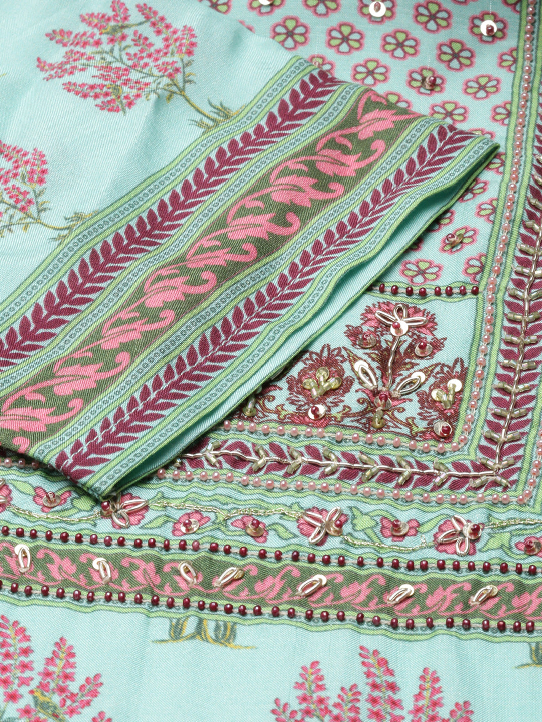 Neerus Green muslin printed high-low kurti - detail view 2