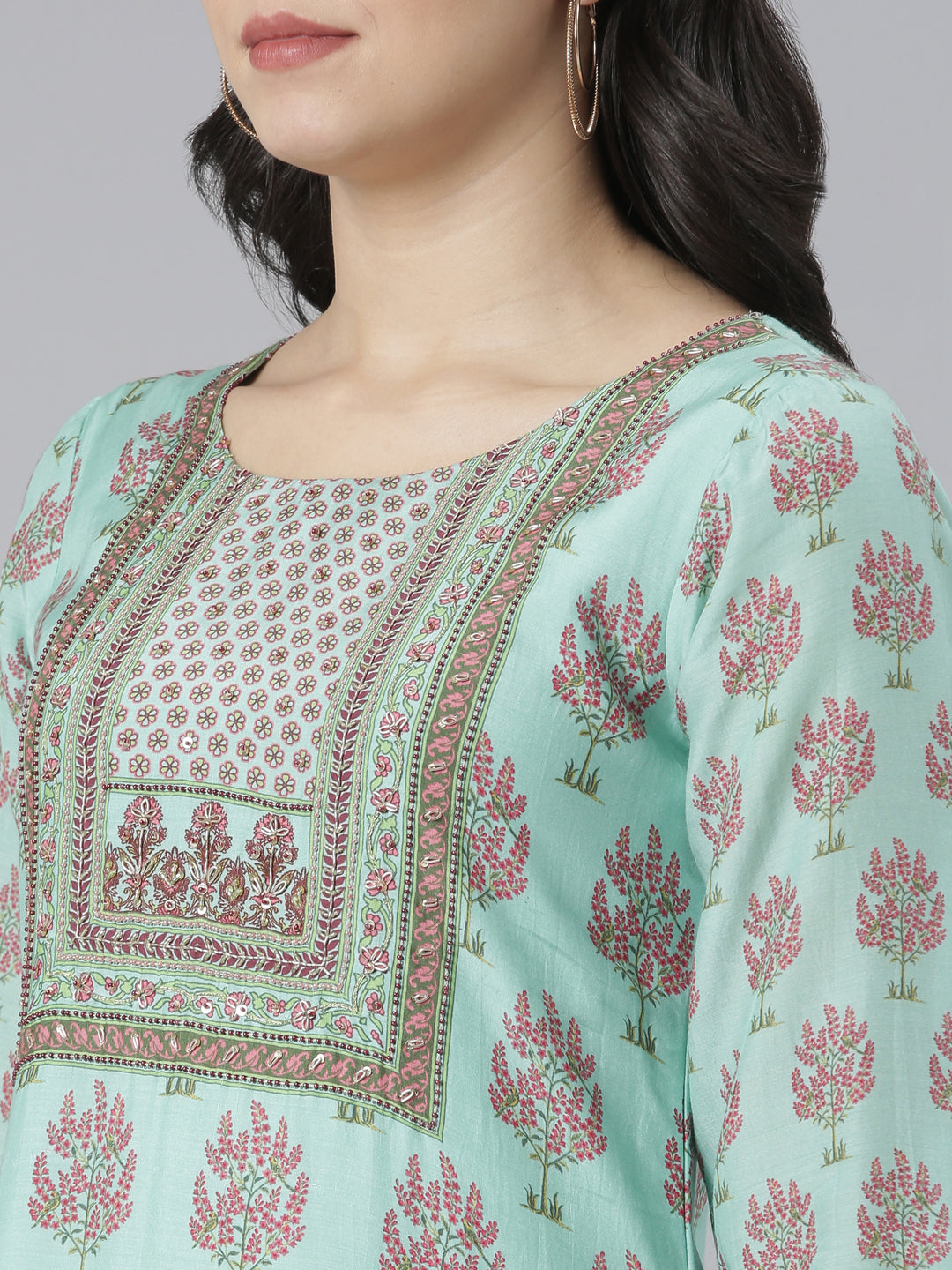 Neerus Green muslin printed high-low kurti - detail view 1