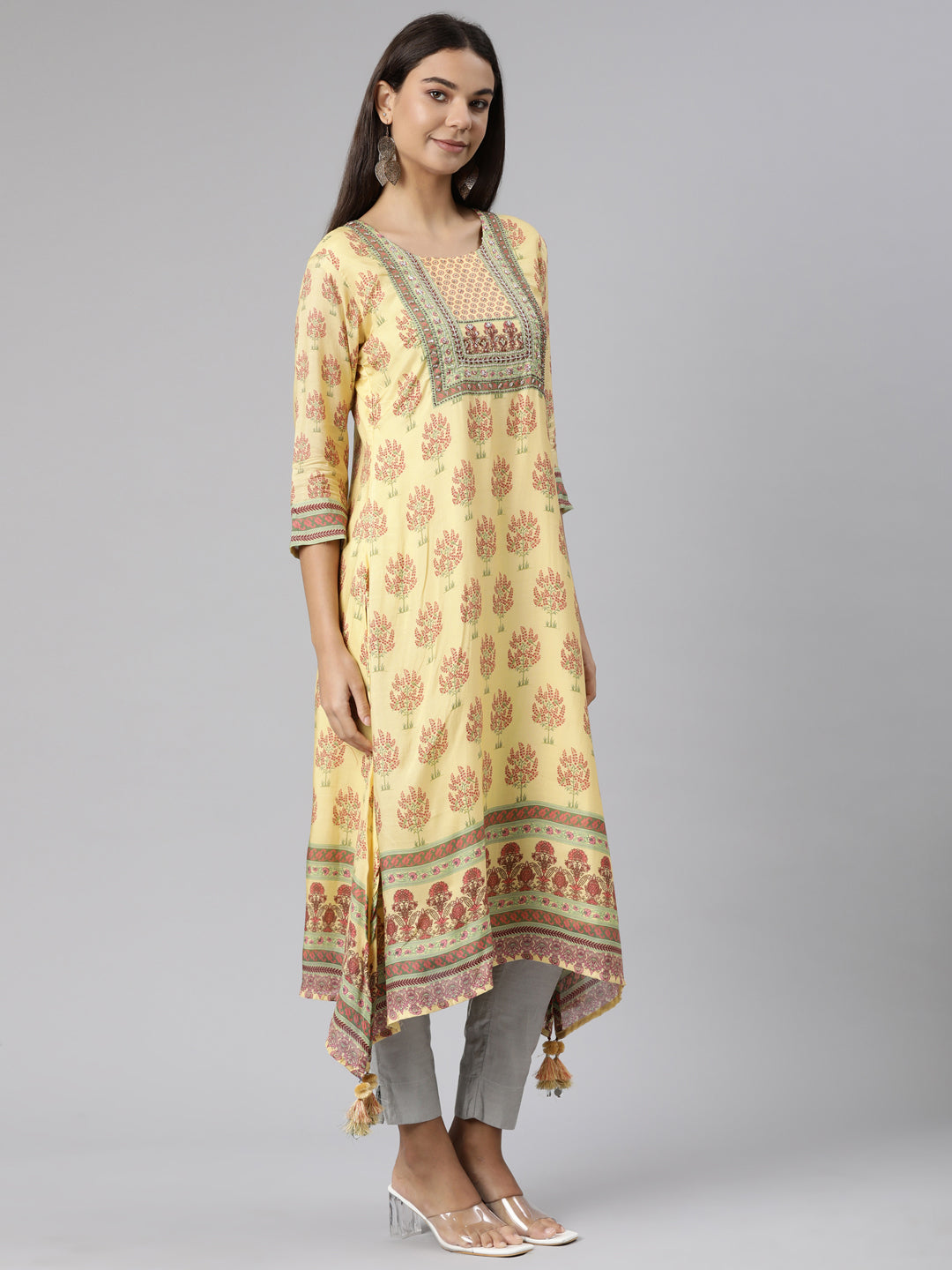 Neerus Yellow muslin printed high-low kurti - back view
