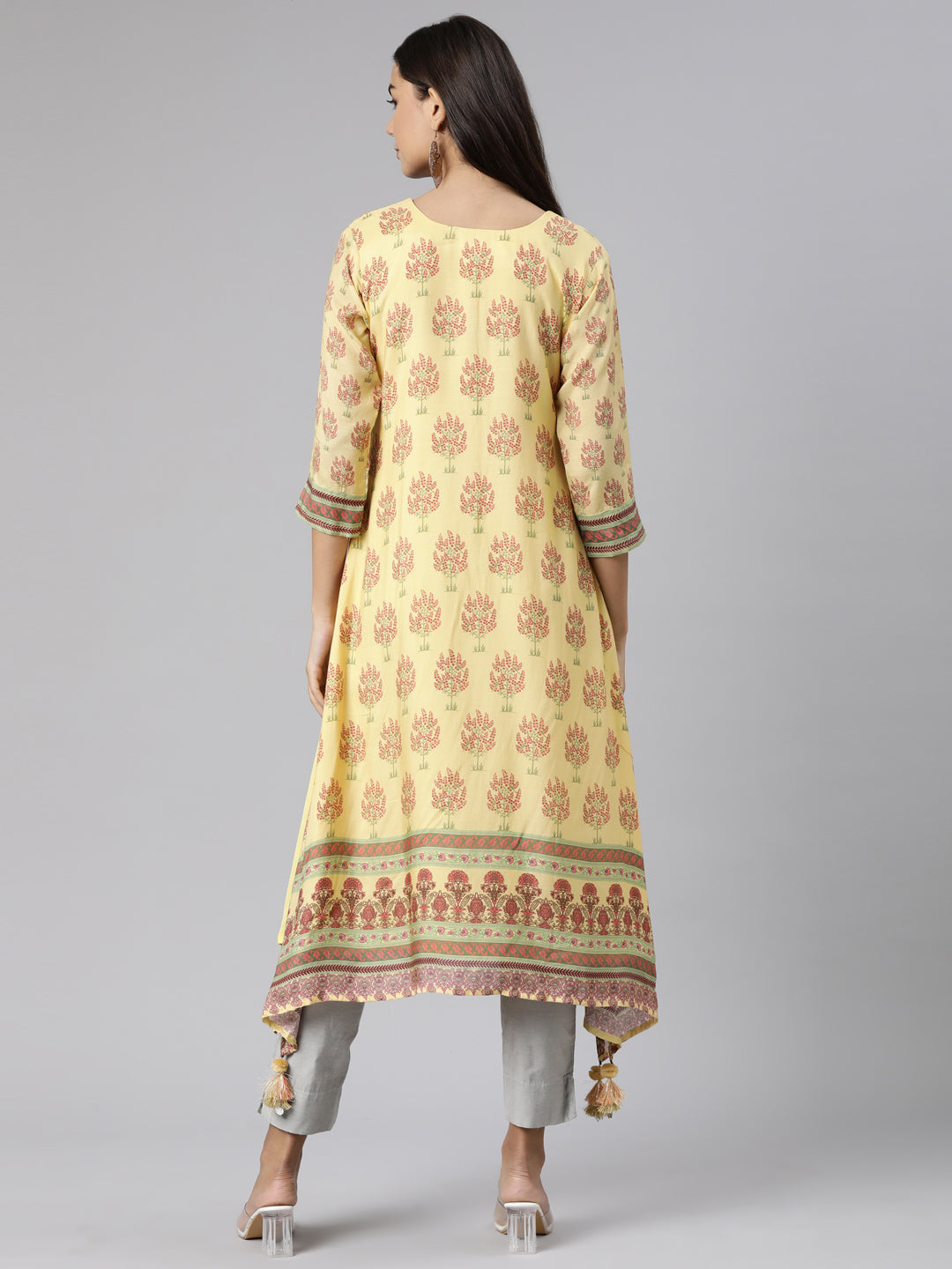Neerus Yellow muslin printed high-low kurti - side view