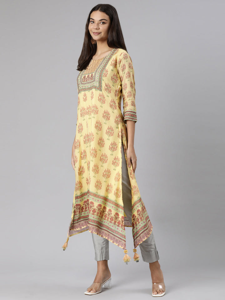 Neerus Yellow muslin printed high-low kurti - detail view 2